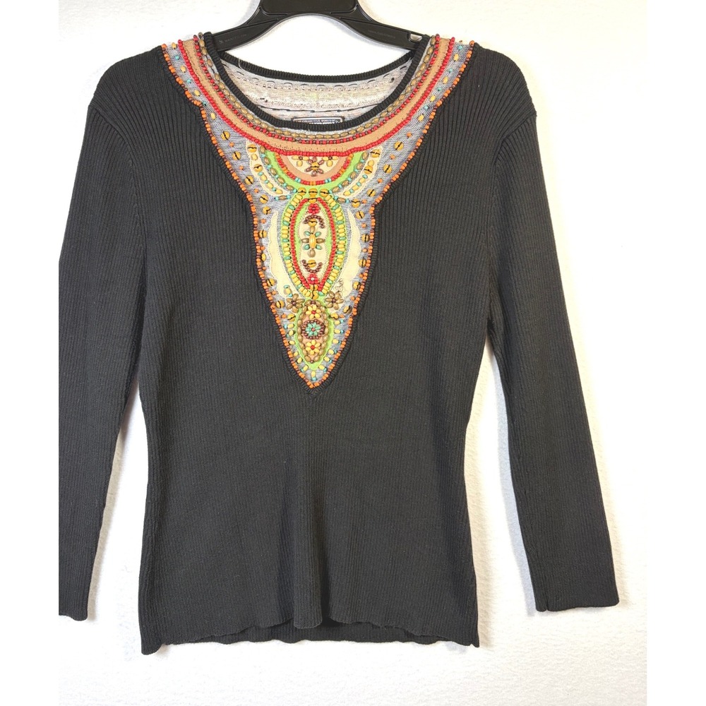 VTG Berek Sweater Women XL Black Excellent Beaded Embroidered Ribbed Long Sleeve